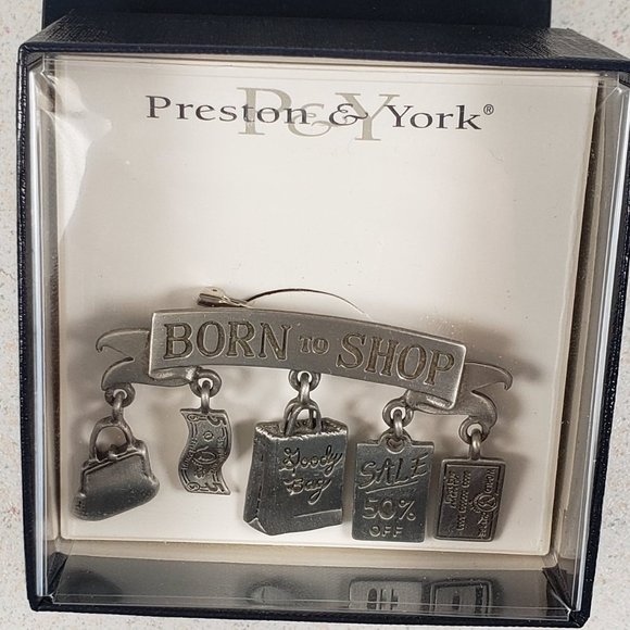 JJ Jonette Jewelry "BORN TO SHOP" Dangle Novelty Charms Pewter Brooch Pin NIB - Picture 1 of 8